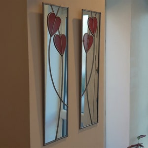 Opposite pair Hearts Rennie Mackintosh style stained glass effect Art Nouveau mirror handmade gift 10x40 image 4
