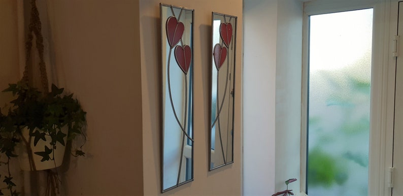 Opposite pair Hearts Rennie Mackintosh style stained glass effect Art Nouveau mirror handmade gift 10x40 image 4