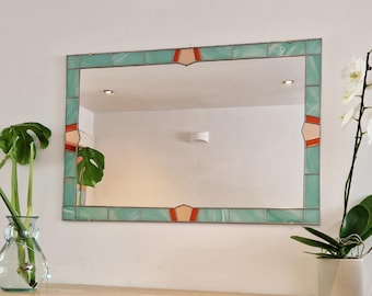 Art Deco Large Mirror Stained Glass style Leaded  61x91cm 2x3ft. Seashell Green, Orange and Peach
