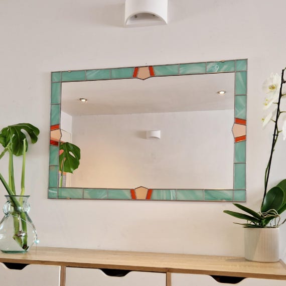 Art Deco Large Mirror Stained Glass style Leaded  61x91cm 2x3ft. Seashell Green, Orange and Peach