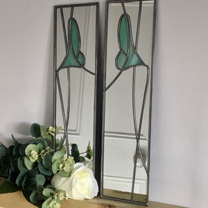 Opposite pair Lily in Duck Egg Rennie Mackintosh style stained glass effect mirror handmade gift  Catfish Glass Art Nouveau 10x40cm
