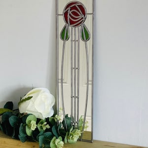 Rose 9 in Red Mackintosh style stained glass effect mirror handmade gift Catfish Glass Art Nouveau 10x40cm