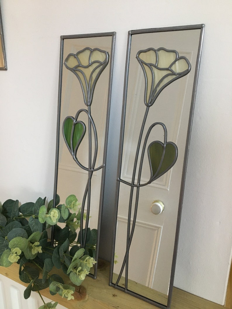 Opposite pair Trumpets Rennie Mackintosh style stained glass effect mirror handmade gift 10x40cm image 2