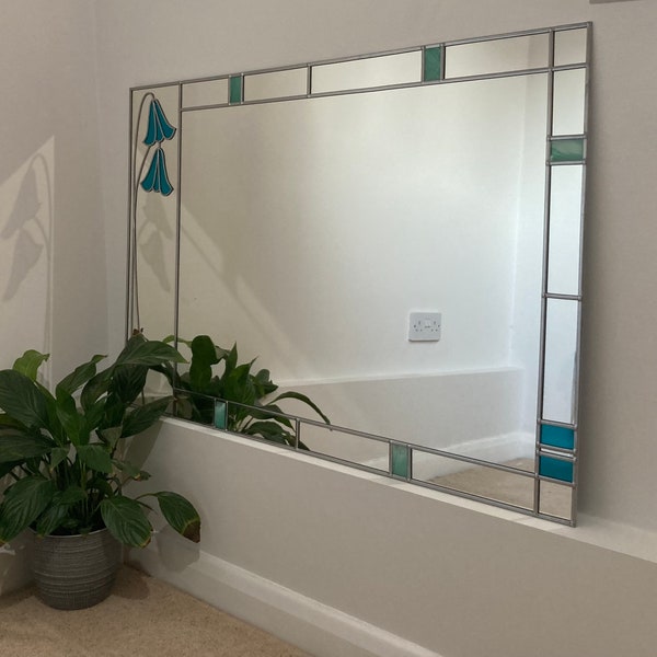 Art Deco Mackintosh style large stained glass mirror  Bluebells in TEAL Handmade in the UK 61x91cm 2x3ft