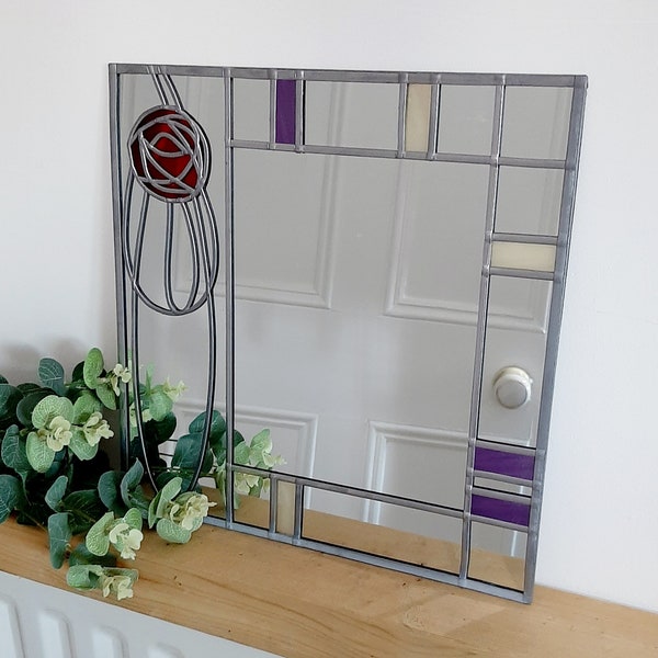 VENTE - en raison de la relocalisation de l'atelier Rennie Mackintosh style vitrail effet miroir cadeau fait main Art nouveau Mackintosh Rose 4 30x30cms