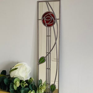 Rose 8  Mackintosh style stained glass effect mirror handmade gift Catfish Glass Art Nouveau 10x40cm