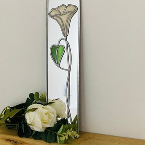 Trumpet Flower 10x40cms design Rennie Mackintosh style stained glass effect mirror handmade gift wall Catfish Glass Art Nouveau