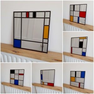Miroir à effet vitrail de style Piet Mondrian avec plomb sombre 30 x 30 cm Cadeau mural mural Art déco en verre poisson-chat
