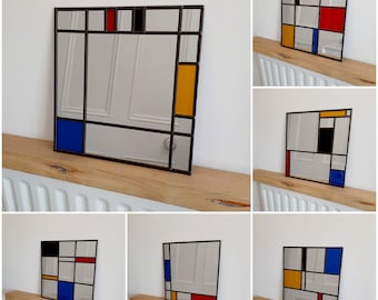 Piet Mondrian  style stained glass effect mirror with darkened lead 30x30cm  handmade gift wall Catfish Glass Art Deco Mirror