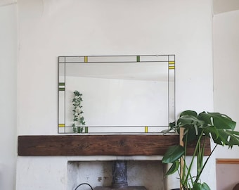 Customisable Art Deco Large Mirror Stained Glass style Leaded  61x91cm 2x3ft frame - green and yellow. Choose your colours! Bespoke