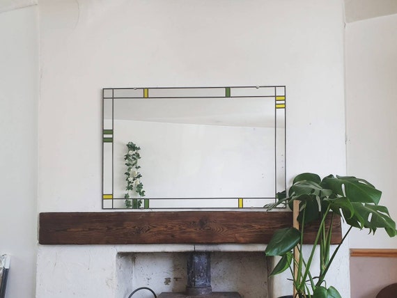 Customisable Art Deco Large Mirror Stained Glass style Leaded  61x91cm 2x3ft frame - green and yellow. Choose your colours! Bespoke