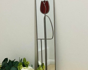 NEW - Tulip 10 in red 10x40cms design Rennie Mackintosh style stained glass effect mirror handmade gift wall Catfish Glass Art Nouveau