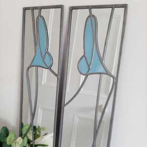 Opposite pair Lily in Blue Rennie Mackintosh style stained glass effect mirror 10x40cm Handmade in UK