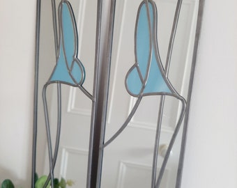 Opposite pair Lily in Blue Rennie Mackintosh style stained glass effect mirror 10x40cm Handmade in UK