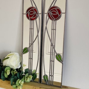 Rennie Mackintosh style Opposite pair Rose 8 in red stained glass effect mirror handmade gift  Catfish Glass Art Nouveau 10x40cm