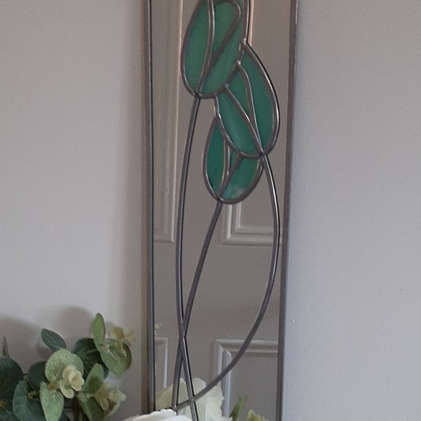 Tulips Art Nouveau Rennie Mackintosh style stained glass effect mirror in Duck Egg handmade gift Tulips Catfish Glass  10x40cm