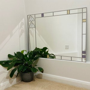 Art Deco Rennie Mackintosh style large uk handmade stained glass mirror Snowdrop 61x91cm 2x3ft