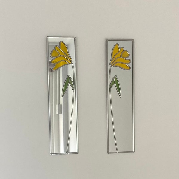 Rennie Mackintosh style Opposite pair Daffoddils stained glass effect mirror handmade gift  Catfish Glass Art Nouveau 10x40cm