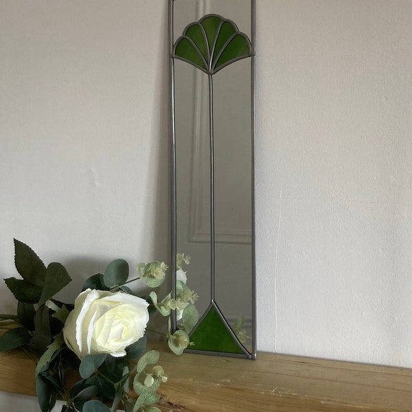 Fan 2 design Art Deco style stained glass effect mirror in Green handmade in UK gift  Catfish Glass  10x40cm