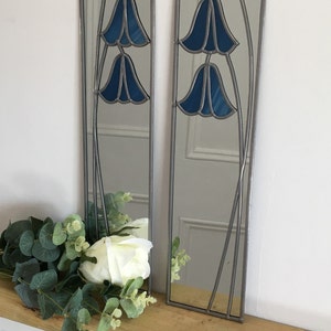 Opposite pair Bluebells Rennie Mackintosh style stained glass effect mirror handmade gift  Catfish Glass Art Nouveau 10x40cm