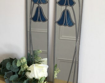 Opposite pair Bluebells Rennie Mackintosh style stained glass effect mirror handmade gift  Catfish Glass Art Nouveau 10x40cm