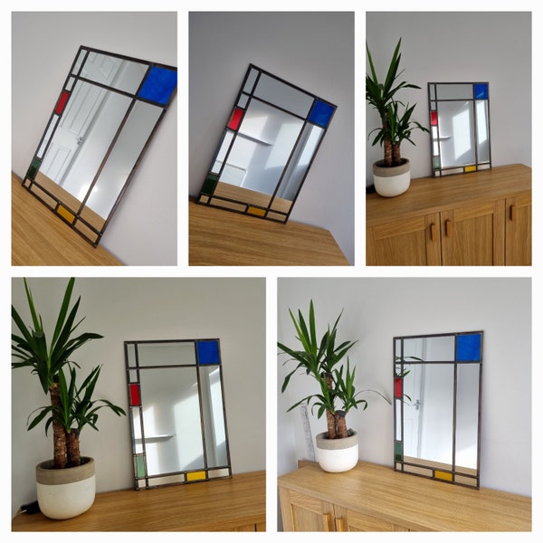 Piet Mondrian style large lightweight  UK handmade stained glass mirror 61x41cms