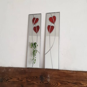 Opposite pair Hearts Rennie Mackintosh style stained glass effect Art Nouveau mirror handmade gift 10x40