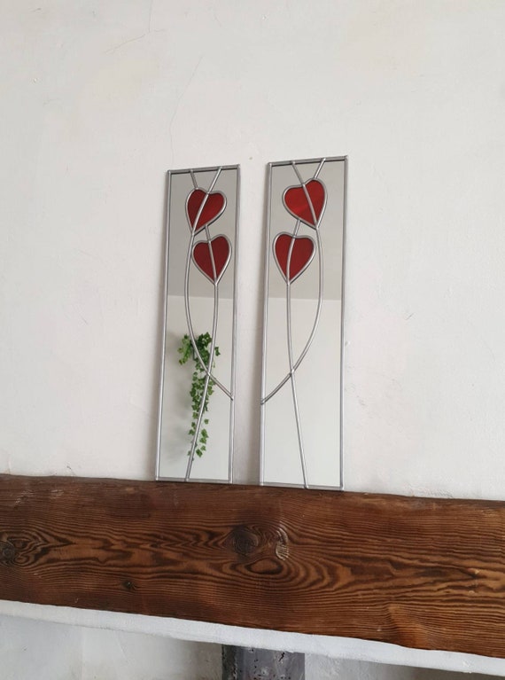 Opposite pair Hearts Rennie Mackintosh style stained glass effect Art Nouveau mirror handmade gift 10x40
