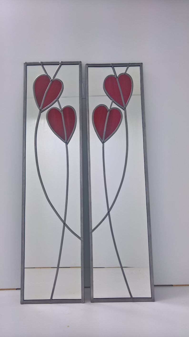 Opposite pair Hearts Rennie Mackintosh style stained glass effect Art Nouveau mirror handmade gift 10x40 image 3