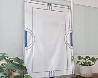 Large 3ftx2ft Art Deco Frame stained glass style mirror. Peacock blue accents.
