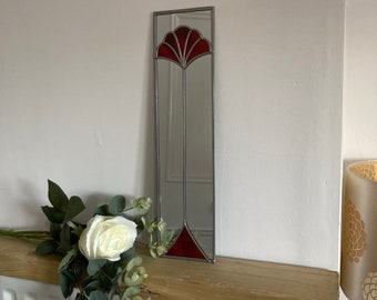 SALE due to workshop relocation Fan 2 design Art Deco style stained glass effect mirror in Red handmade in UK gift  Catfish Glass  10x40cm