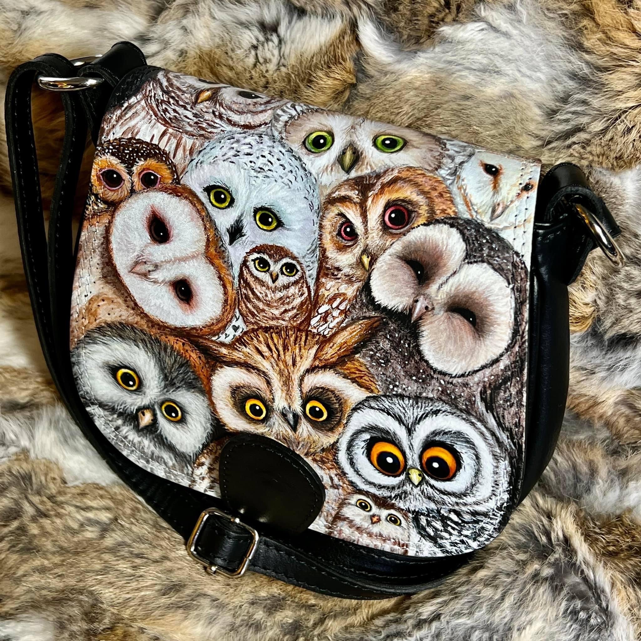 Owl Genuine Leather Handbag. Handpainted. Crossbody Small Ladies Purse
