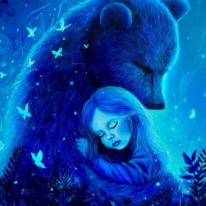 May include: A digital art print featuring a sleeping girl embraced by a large blue bear. The artwork is set against a dark blue background with glowing butterflies and foliage. The artist's signature, "Rivu Peacock", is visible.