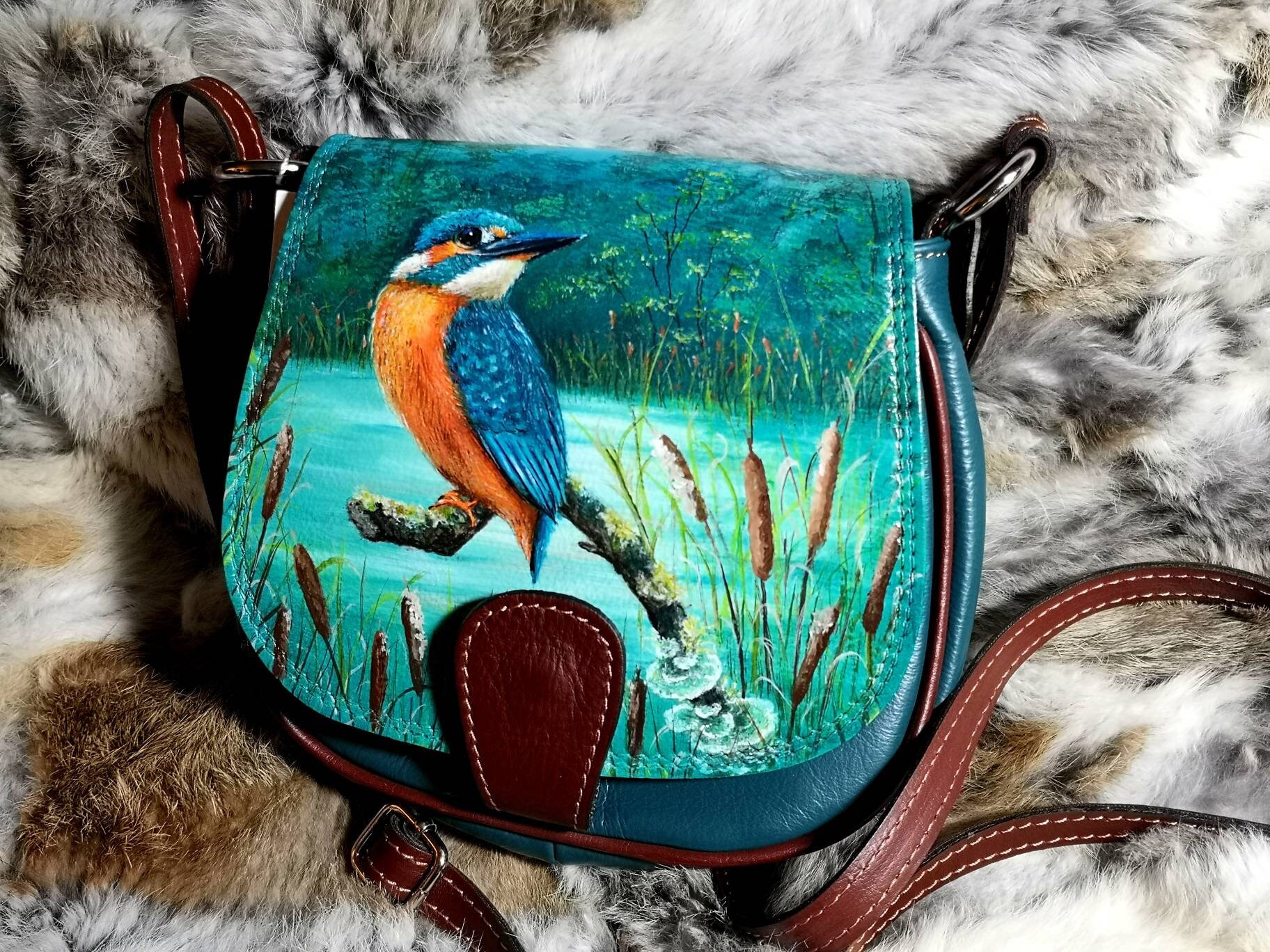 Kingfisher bird Small leather handbag. Hand painted design