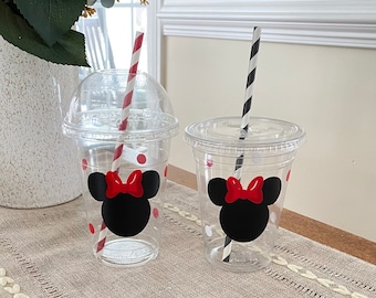 Minnie Mouse Birthday Party Cup-Red & Black-16 oz Disposable Plastic Cups W/Lids and Straws