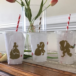Beauty and the Beast Party Cup, Belle & Beast Gold Drink Cups, 16 oz Clear Plastic Cup, Green Product Eco-Friendly, Biodegradable Cup