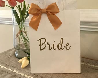 Custom Bridesmaid Gift Bag, White with Satin Ribbon