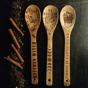 Kitchen Witch Decorative Spoon Set of 3, Moon Phases, Witch, Wooden Spoon, Cauldron, Woodburning, green witch, kitchen witch, witch gifts