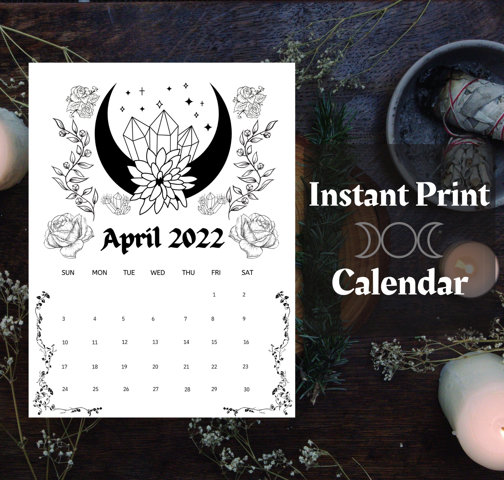 april 2022 calendar printable pdf crystal moon printable etsy