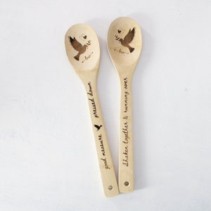 Shaken Doves Set 12&quot; Engraved Wooden Spoons