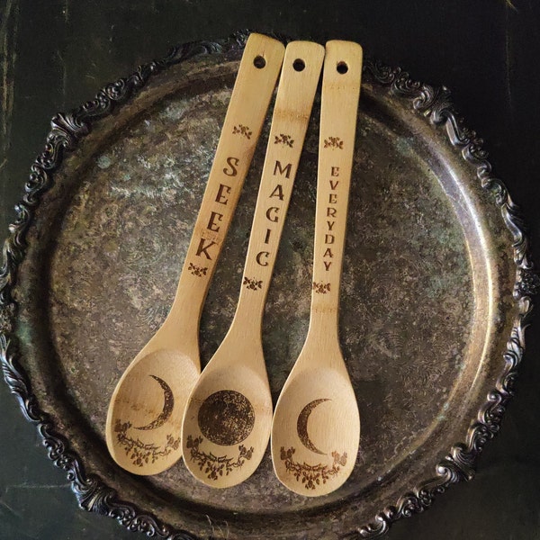 Seek Magic Everyday, Kitchen Witch Decorative Spoon Set of 3, Triple moon,  Pagan, Wicca