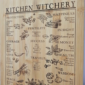 Kitchen Witchery MAGICAL HERBS, Kitchen Witch, Engraved Witch Wood burned Decorative cutting board.