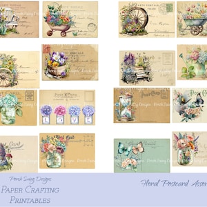 Florales Postkartensortiment - Vintage Postkarten, Wagenrad, Gartenbank, Schmetterlinge, Blumen, Sanduhr, Briefpapier, Journal Ephemera
