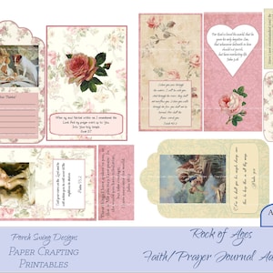 Könnte beinhalten: Ein Satz druckbarer Journalseiten in Rosa und Creme mit floralen Designs und Bibelversen. Die Seiten sind für ein Glaubens- oder Gebetsjournal konzipiert. Der Text auf den Seiten enthält Verse aus der Bibel, wie zum Beispiel "Denn Gott hat die Welt so sehr geliebt, dass er seinen einzigen Sohn..." und "Als meine Seele in mir versagte, gedachte ich an den Herrn..."