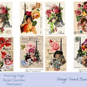 Vintage French Beauties - Karty kwiatowe, francuskie pocztówki, kobiety vintage, wieża Eiffla, natychmiastowe pobieranie, materiały do druku, artykuły do rękodzieła papierniczego