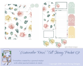 Watercolor Rose Journal Pocket - Ephemera, Tags, Roses, Floral Printables, Pocket, Instant Downloads, Paper Crafting Supplies, Scrapbooking