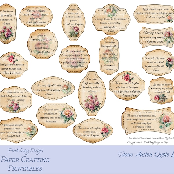 Jane Austen Quote Labels - Pride & Prejudice, Emma, Sense and Sensibility, Mansfield Park, Persuasion, Roses, Jane Sayings, Journals Labels