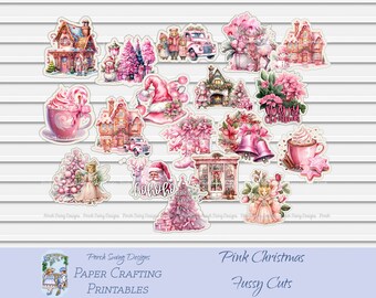 Pink Christmas Fussy Cuts - Holiday Stickers, Journal Elements, Pink Stickers, Whimsical Fussy Cuts, Journal Ephemera, Paper Crafting Supply