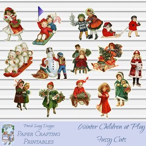 Winter Kinder beim Spielen Fussy Cuts - Kinder Winter Journal Ephemera Sofort-Downloads Schlitten Schneebälle Papier Bastelbedarf Papier Puppen