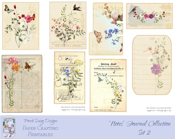 May include: A set of printable journal pages featuring floral designs with butterflies and birds. The pages have a vintage aesthetic with handwritten text and lined paper. The text on the pages includes "Georg Just" and "List".
